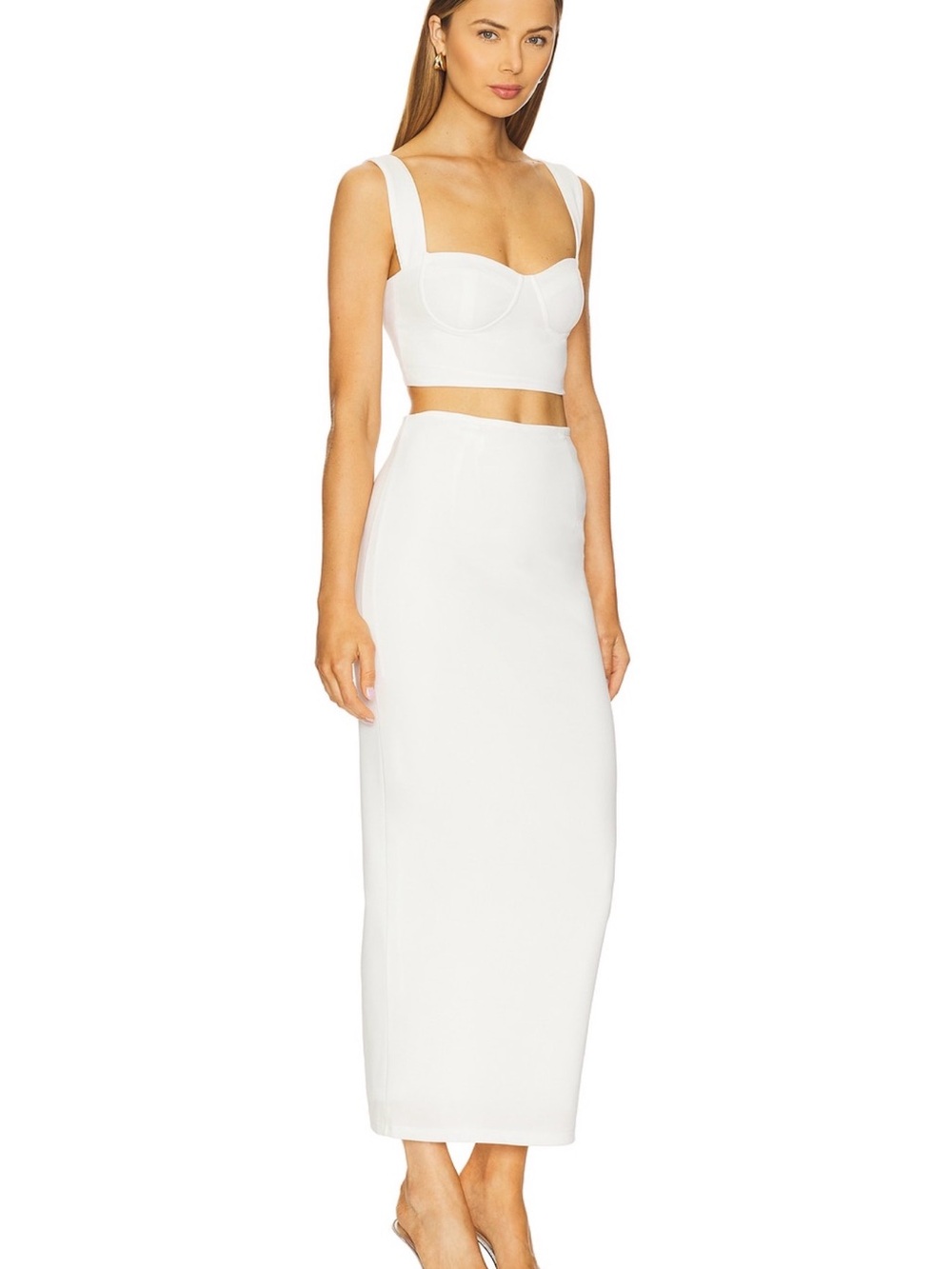 Super down White Two-Piece Crop Top and Maxi Skirt Set